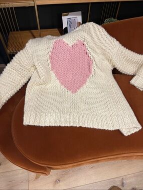 Sadie & Sage Cream Knit Sweater with Pink Heart Motif